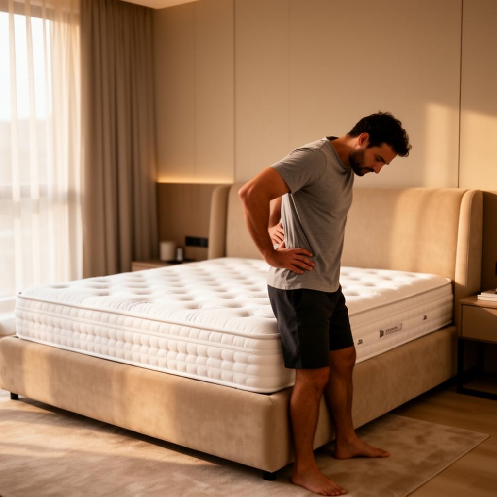 Man stretching his lower back beside a premium mattress in a Qatar bedroom