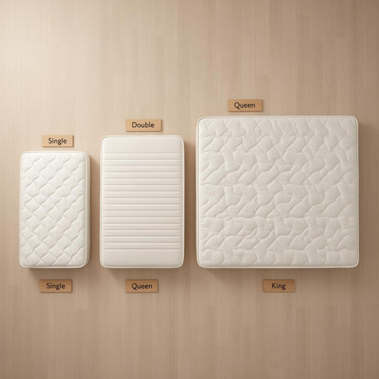 Single, Double, Queen and King mattresses laid out side by side
